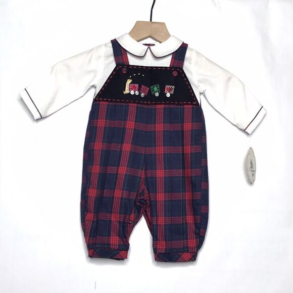 NWT Carriage Boutique Blue Red Plaid One Piece Set Embroidered Size 3M Train